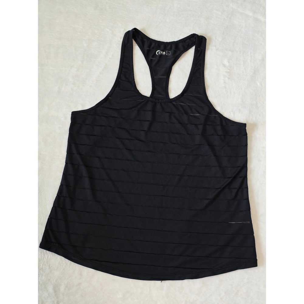 Zyia Active Women Black Striped Mesh Racerback Tank Top Large Athletic